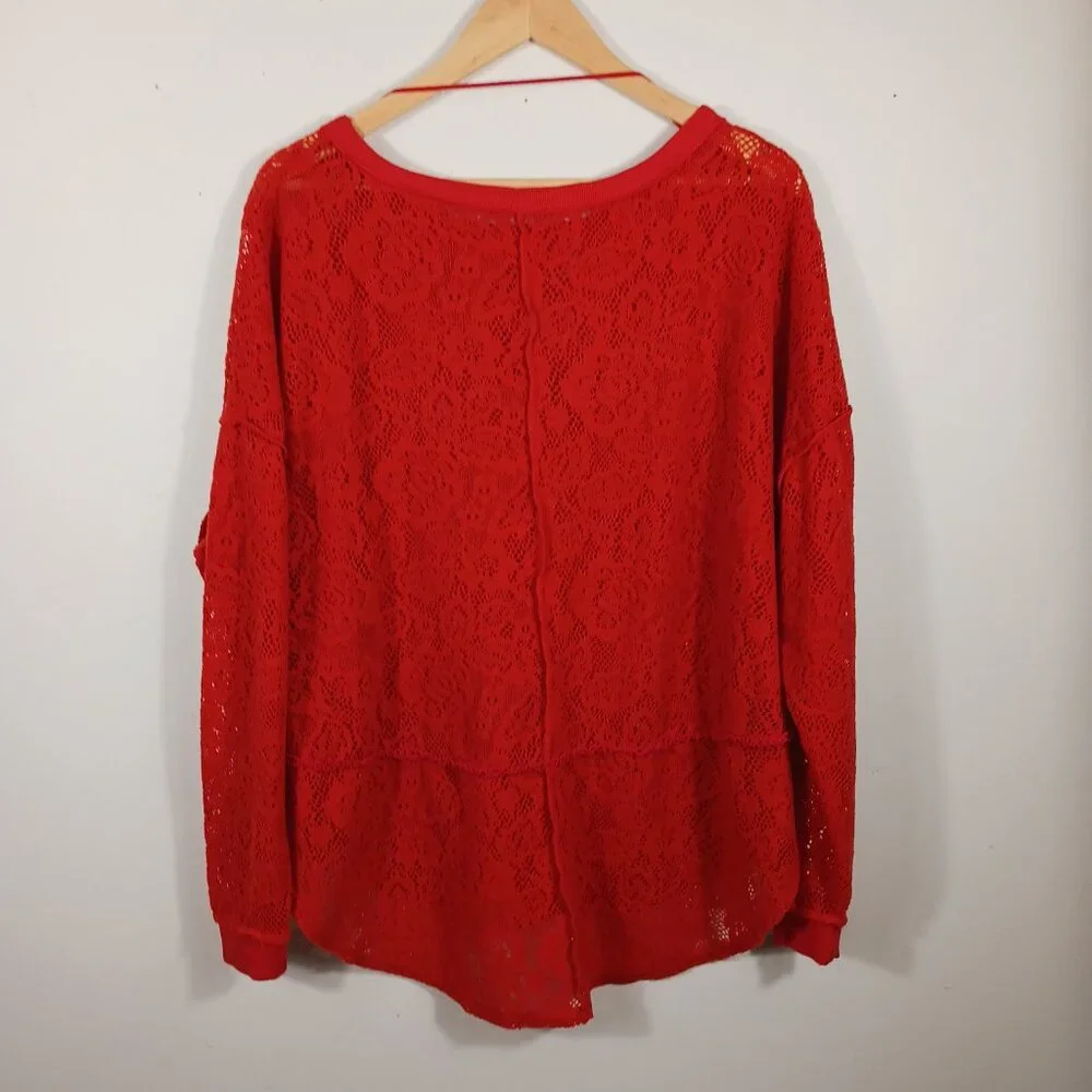 Free People, Red Long Sleeve Top, Open Knit, Oversized, Size MED, Lt. Wt., Soft - Picture 8 of 16